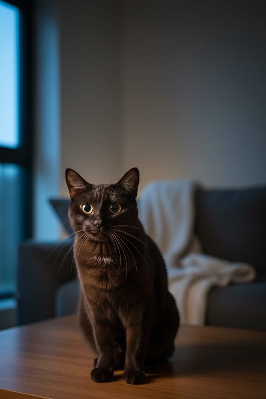 Chat éveillé la nuit dans un salon avec regard attentif, illustrant un chat actif pendant les heures nocturnes