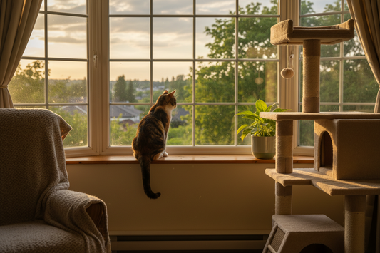 Chat observant l’extérieur depuis une fenêtre d’appartement avec arbre à chat au coucher du soleil