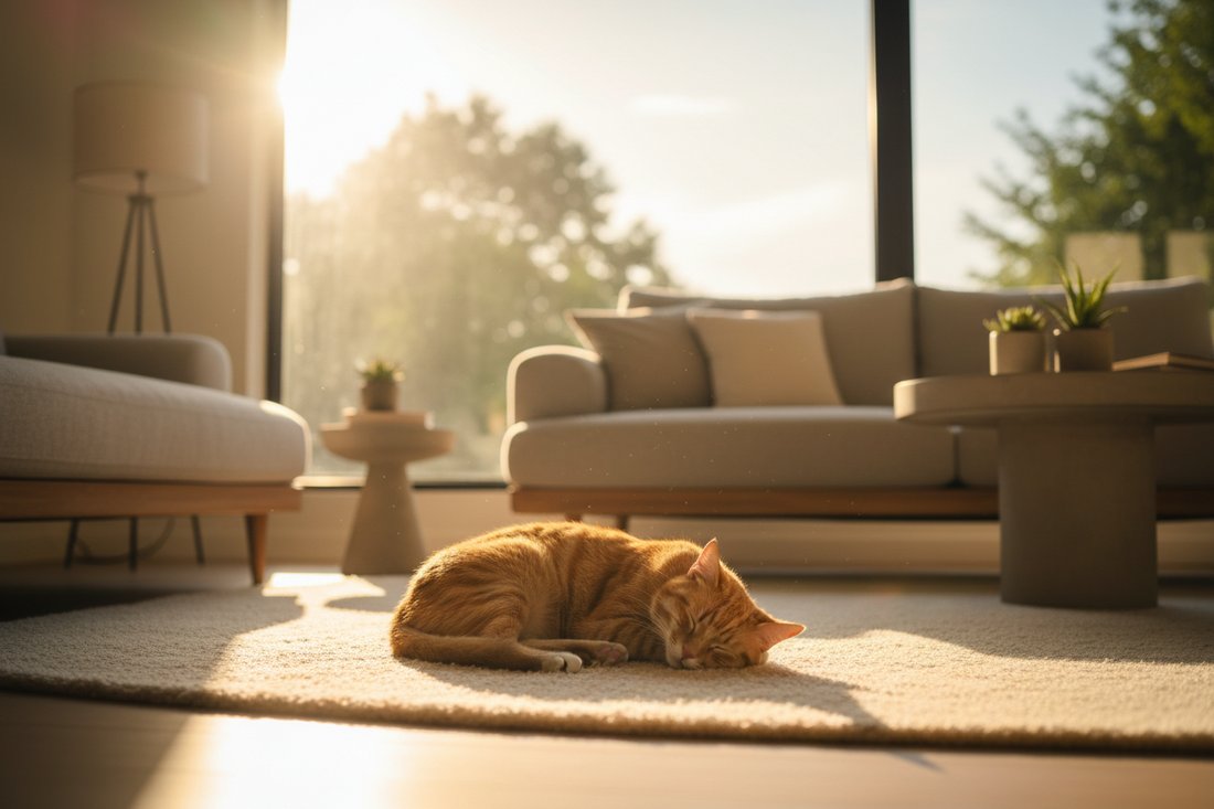 Chat roux dormant paisiblement au soleil près d’une grande fenêtre dans un salon lumineux et chaleureux.