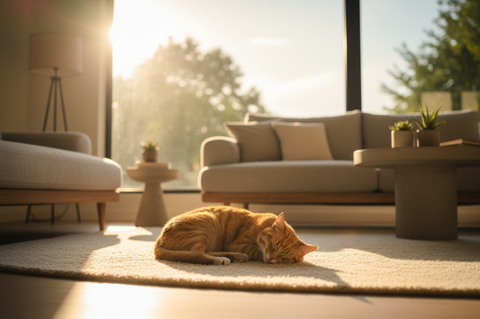 Chat roux dormant paisiblement au soleil près d’une grande fenêtre dans un salon lumineux et chaleureux.