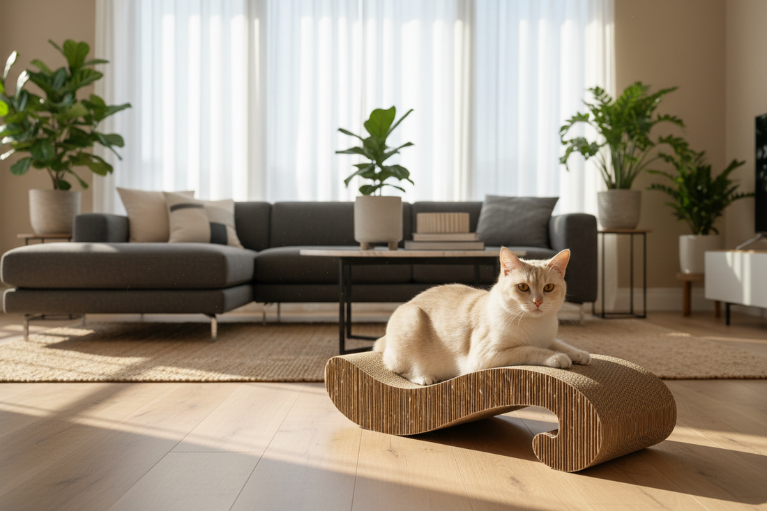 chat faisant ses griffes sur un griffoir en carton recyclé design