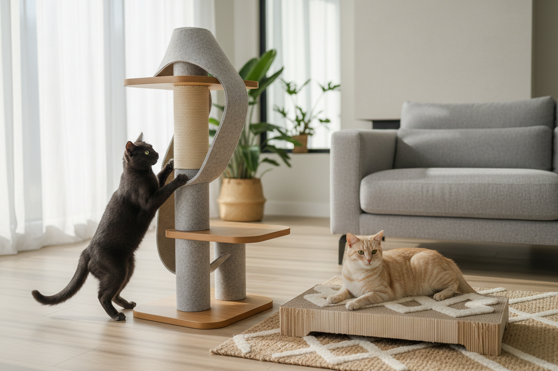 chats utilisant un griffoir vertical et un tapis griffoir dans un salon