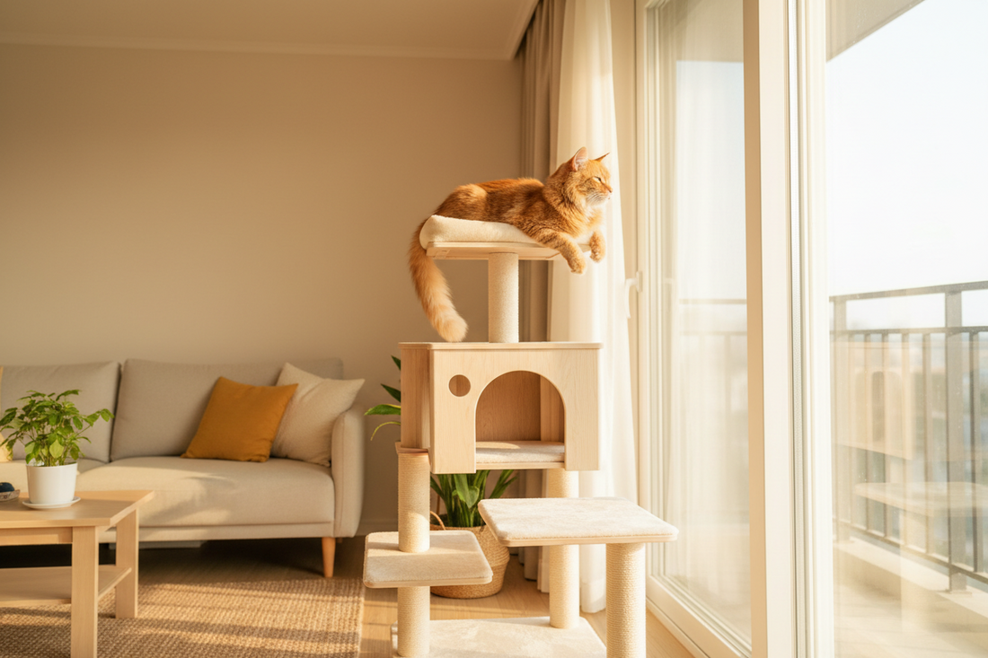 Chat sur un arbre à chat près d’une grande fenêtre dans un salon lumineux observant son environnement