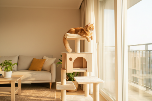 Chat sur un arbre à chat près d’une grande fenêtre dans un salon lumineux observant son environnement