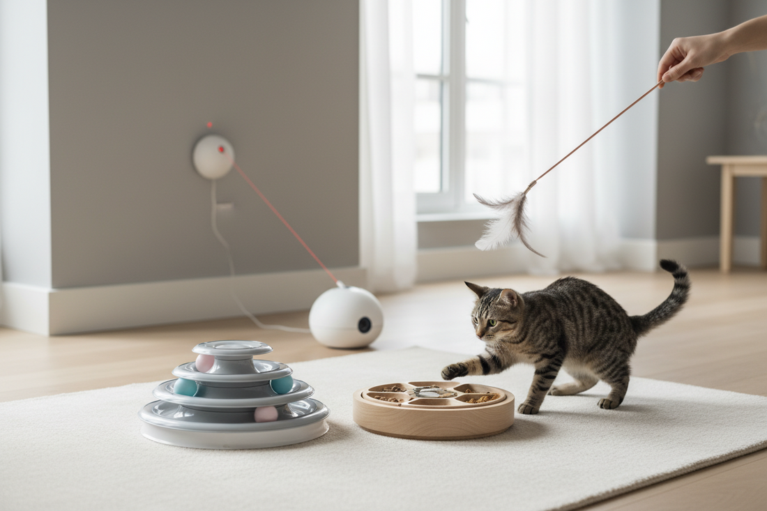 chat jouant avec différents jouets pour chat dans un salon moderne