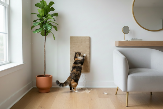 chat utilisant un griffoir mural pour éviter de griffer les murs dans un salon moderne