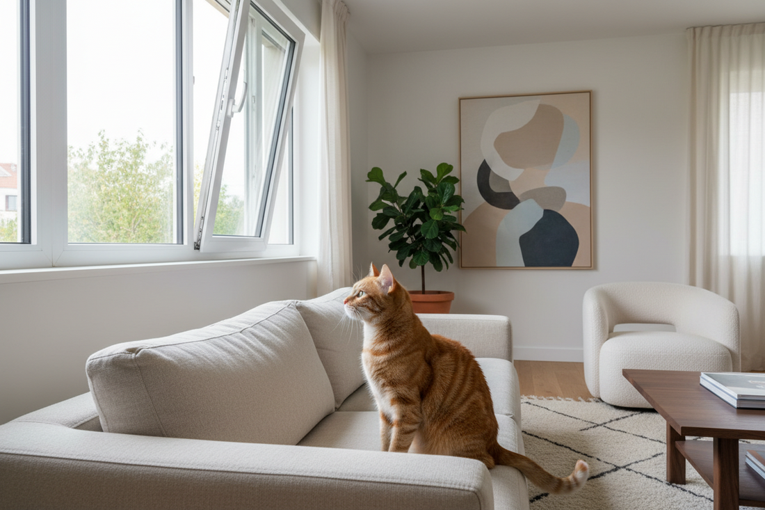 Chat d’intérieur observant une fenêtre oscillo-battante ouverte dans un salon moderne illustrant les risques potentiels pour les chats à la maison