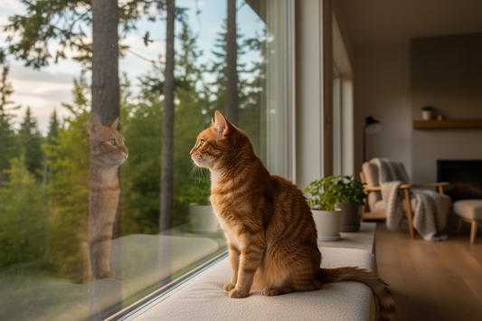 chat observant l’extérieur depuis une grande fenêtre dans un salon lumineux