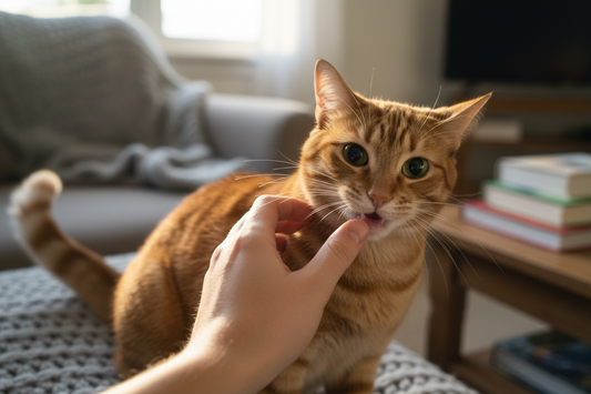 chat mordillant doucement une main pendant une séance de caresse
