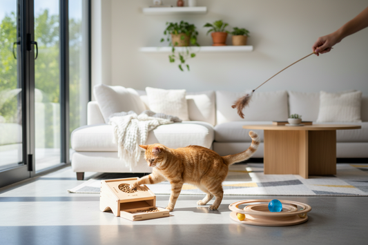 Chat d’intérieur jouant avec un jouet interactif dans un salon pour stimuler son instinct de chasse et réduire l’ennui