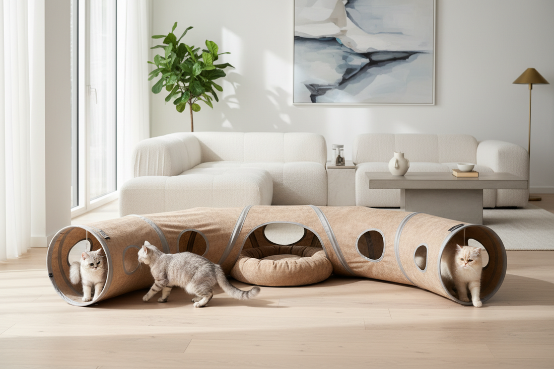 chats d’intérieur jouant et se cachant dans un tunnel pour chat dans un salon