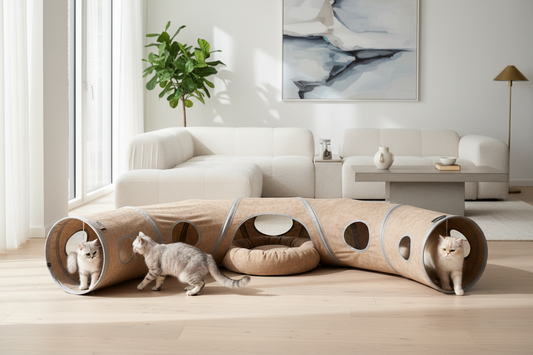chats d’intérieur jouant et se cachant dans un tunnel pour chat dans un salon