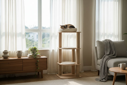 Chat roux dormant sur un arbre à chat près d’une grande fenêtre dans un salon lumineux.