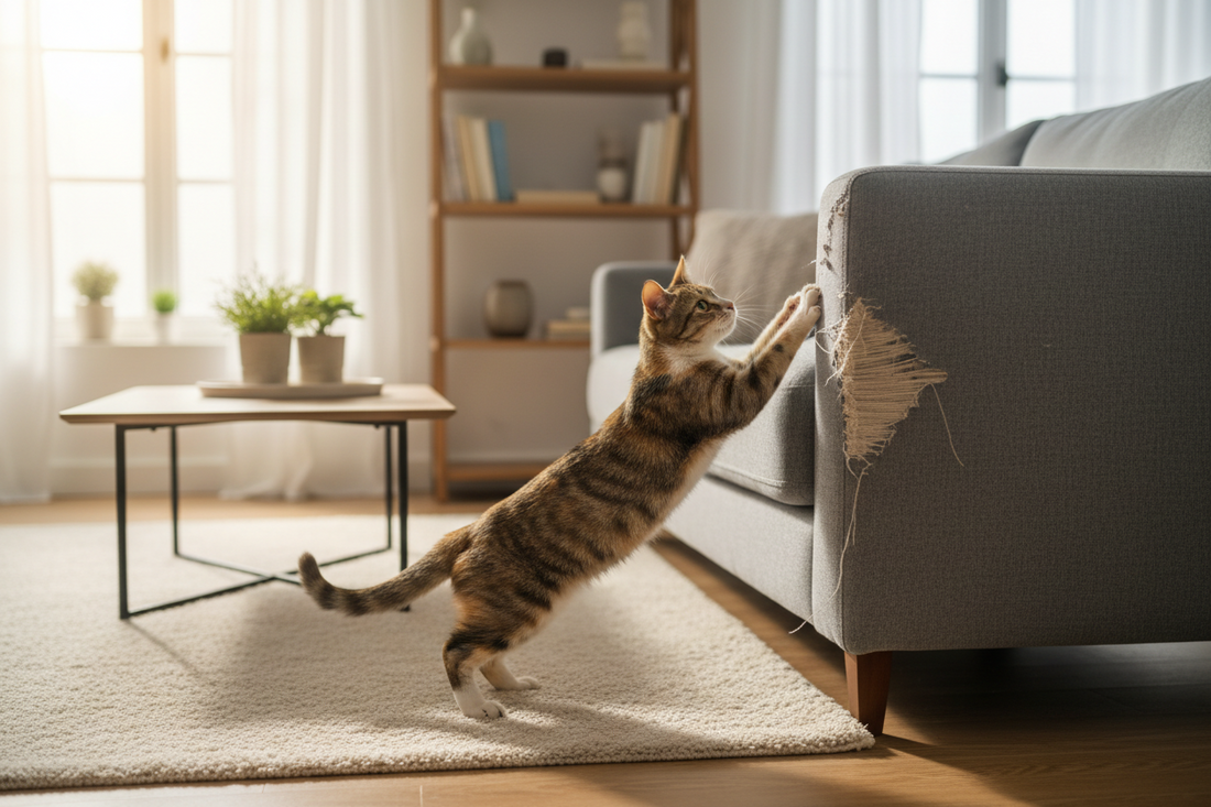 chat qui griffe un canapé dans un salon lumineux