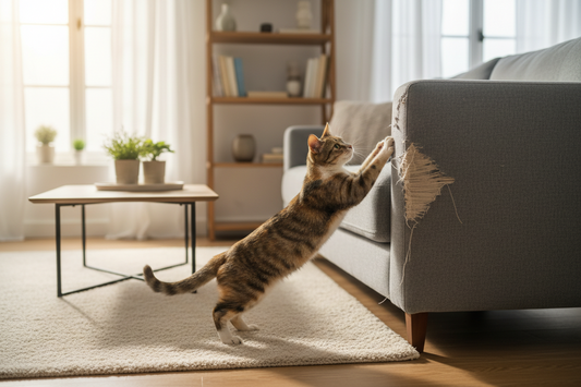 chat qui griffe un canapé dans un salon lumineux