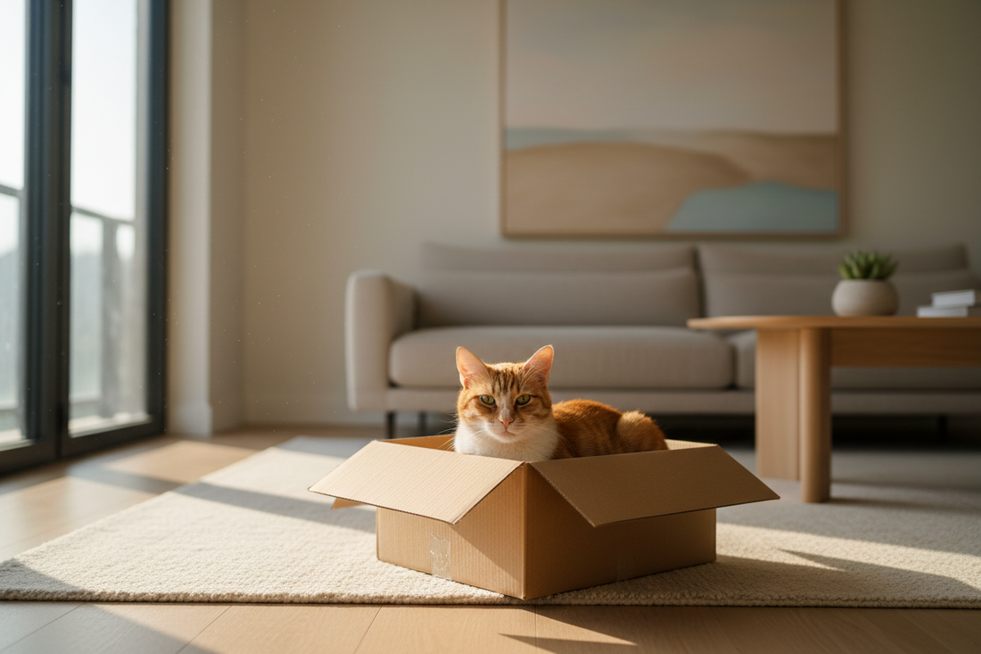 > Chat roux assis dans une boîte en carton dans un salon lumineux et chaleureux, observant calmement son environnement depuis sa cachette confortable.
