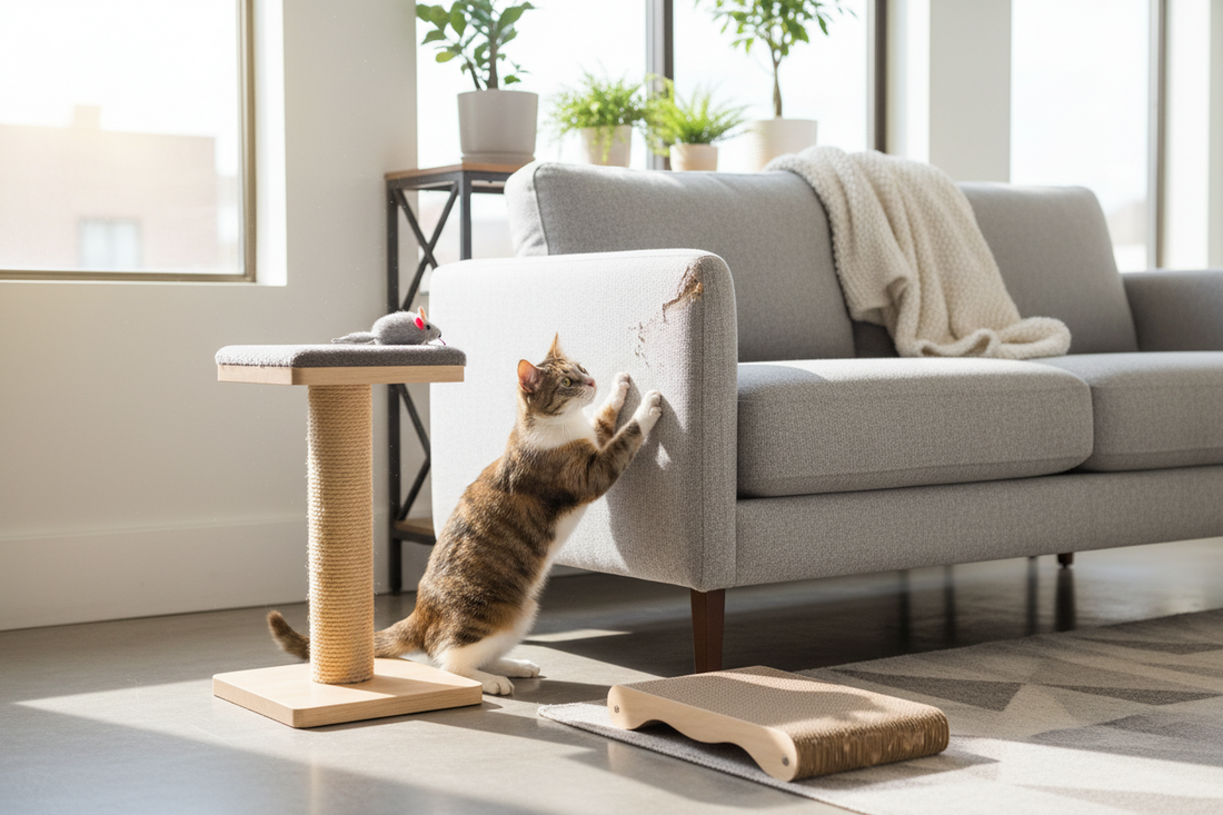 chat qui griffe un canapé dans un salon avec griffoir pour chat à côté