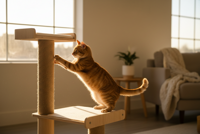 chat faisant ses griffes sur un griffoir en bois dans un salon lumineux pour protéger les meubles et stimuler un chat d’intérieur