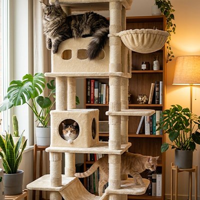 Arbre à chat beige avec plusieurs niveaux adapté aux foyers avec plusieurs chats