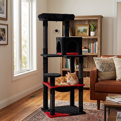 Arbre à chat multi-niveaux avec hamac rouge et poteaux griffoirs