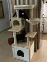 Arbre à chat compact en bois clair avec niche et hamac