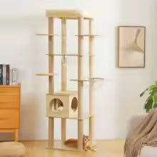 Arbre à chat en bois clair avec niche et plateformes