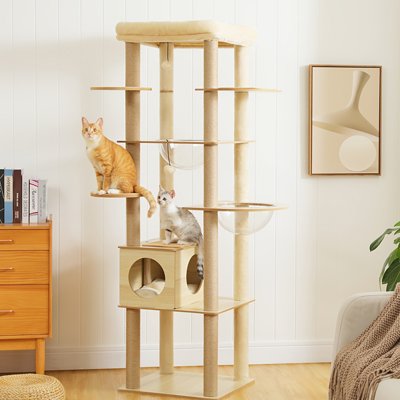 Arbre à chat en bois naturel avec plateformes, hamacs et niche pour chats