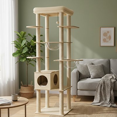 Arbre à chat en bois naturel avec plateformes et niche