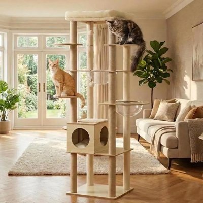 Arbre à chat en bois naturel avec plateformes et niche dans un salon