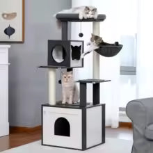 Arbre à chat en bois noir avec niche, plateformes et hamac