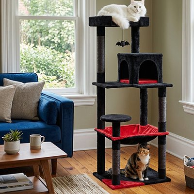 Arbre à chat moderne noir et rouge avec plateforme et niche pour chat