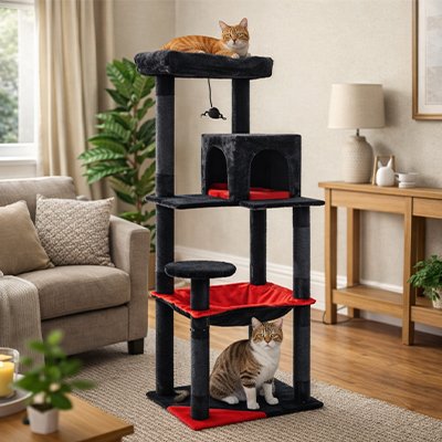 Chats se reposant dans un arbre à chat noir et rouge avec plusieurs plateformes