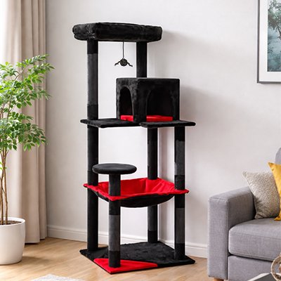 Arbre à chat noir et rouge avec niche, hamac et perchoir supérieur