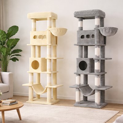 Arbre à chat robuste multi-niveaux disponible en beige et gris avec plateformes et hamac
