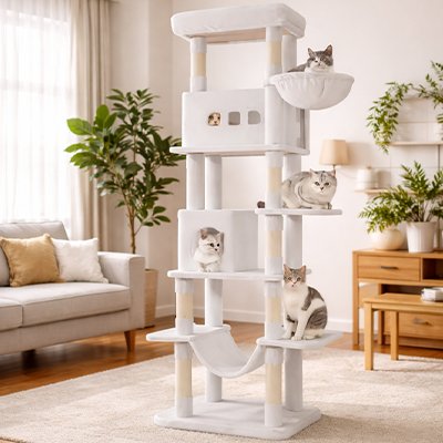 Arbre à chat XXL blanc de 210 cm avec plusieurs chats