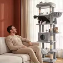 Arbre à chat XXL gris pâle de 210 cm avec chat dans un salon