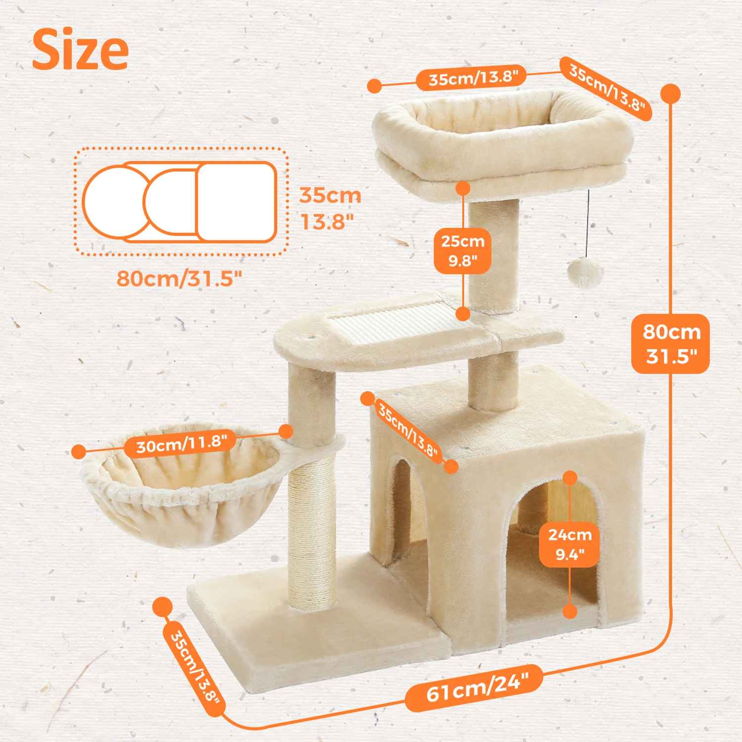 Schéma des dimensions d’un arbre à chat beige avec niche, hamac suspendu, plateformes et hauteur totale de 80 cm
