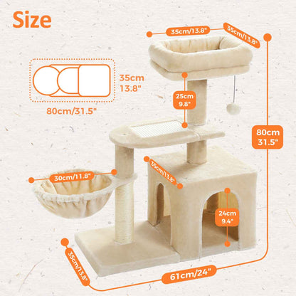 Schéma des dimensions d’un arbre à chat beige avec niche, hamac suspendu, plateformes et hauteur totale de 80 cm
