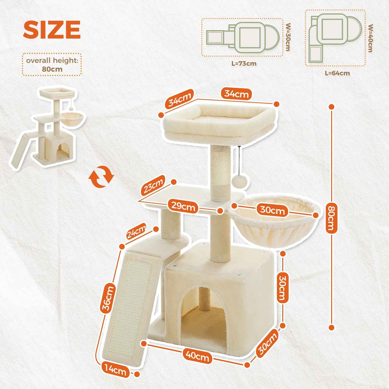 Schéma des dimensions d’un arbre à chat beige avec niche, hamac, rampe et hauteur totale de 80 cm
