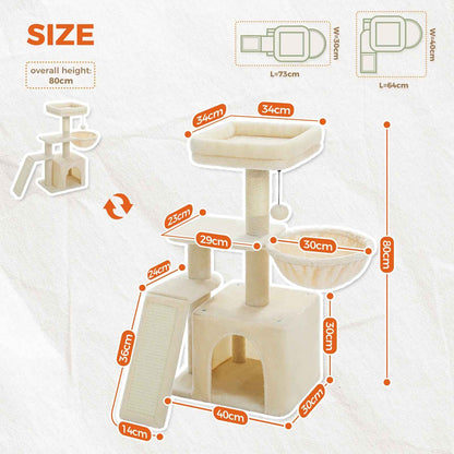 Schéma des dimensions d’un arbre à chat beige avec niche, hamac, rampe et hauteur totale de 80 cm
