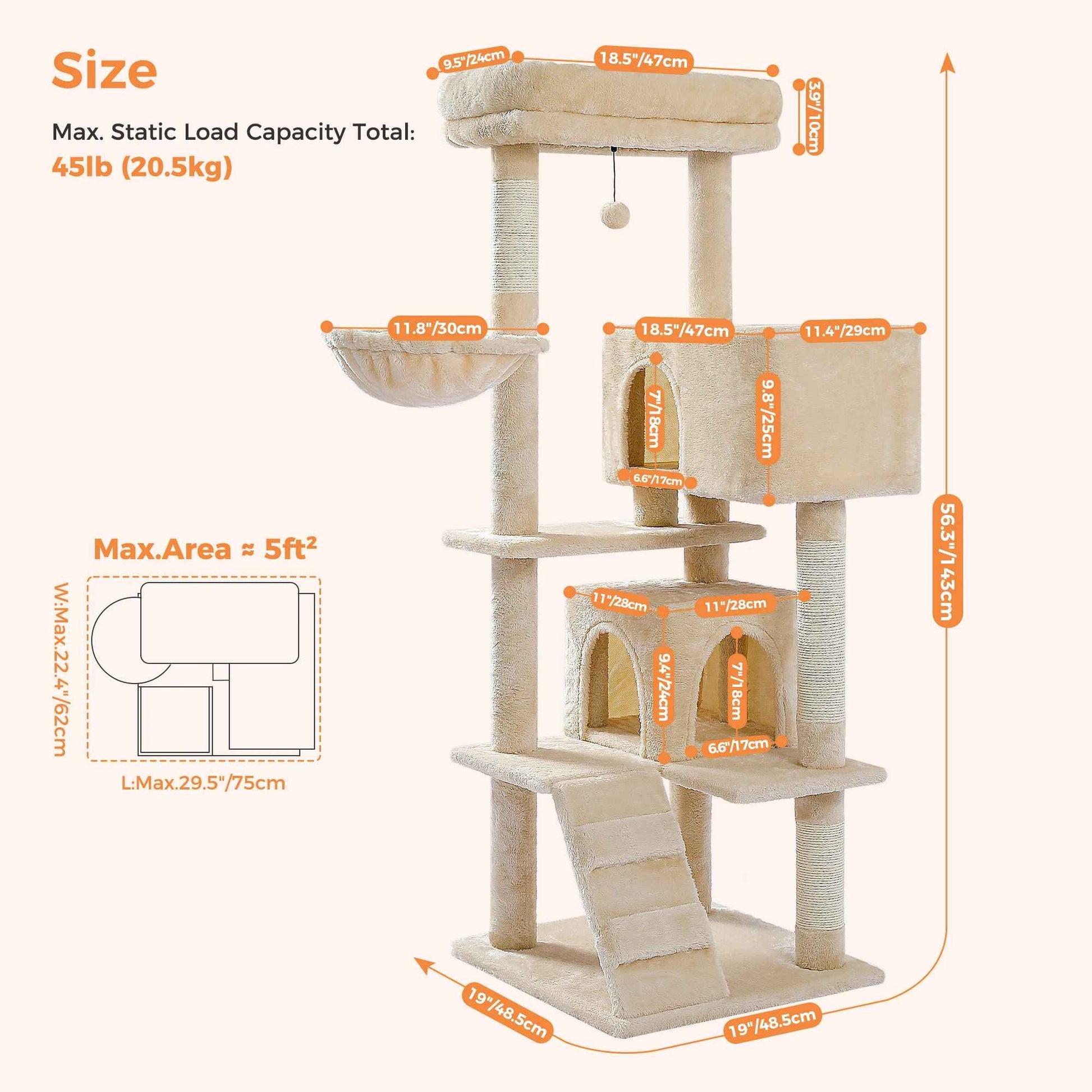 Schéma des dimensions d’un arbre à chat beige avec plateformes, niches, rampe et charge statique jusqu’à 20,5 kg
