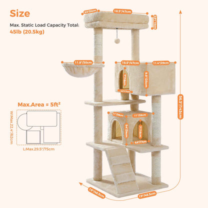 Schéma des dimensions d’un arbre à chat beige avec plateformes, niches, rampe et charge statique jusqu’à 20,5 kg
