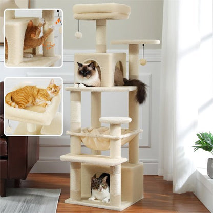 Arbre à chat beige multi niveaux avec niches, hamac et plateformes, avec zoom sur les poteaux griffoir et le couchage supérieur
