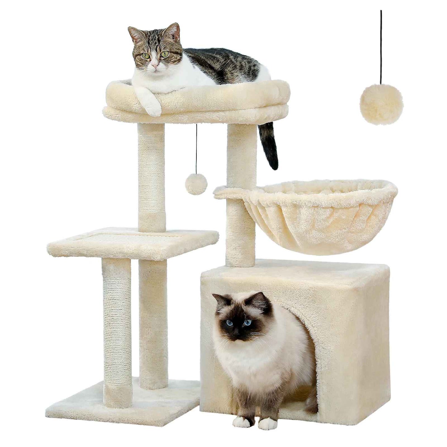 Arbre à chat beige avec niche au sol, hamac suspendu, plateformes et balle suspendue pour jouer
