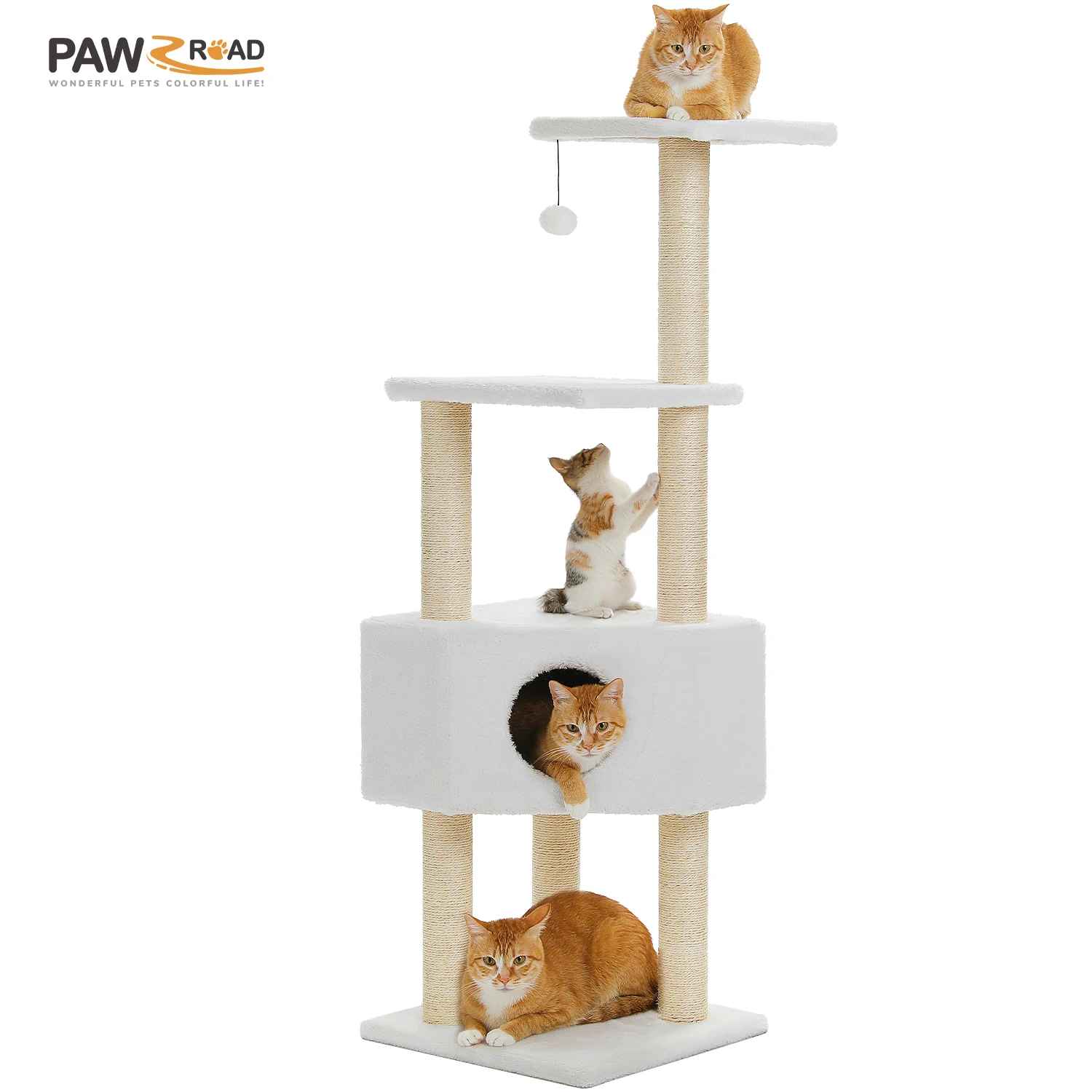 Arbre à chat clair multi niveaux avec plateformes, niche centrale et plusieurs chats en train de jouer et se reposer
