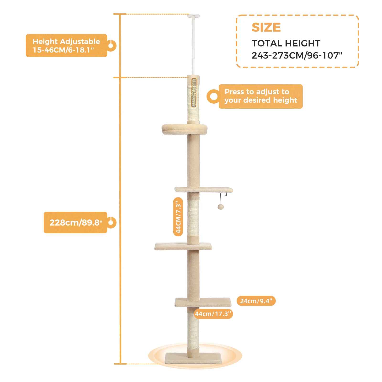 Arbre à chat design minimaliste réglable en hauteur avec plateformes et fixation plafond

