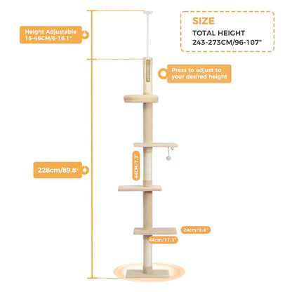 Arbre à chat design minimaliste réglable en hauteur avec plateformes et fixation plafond
