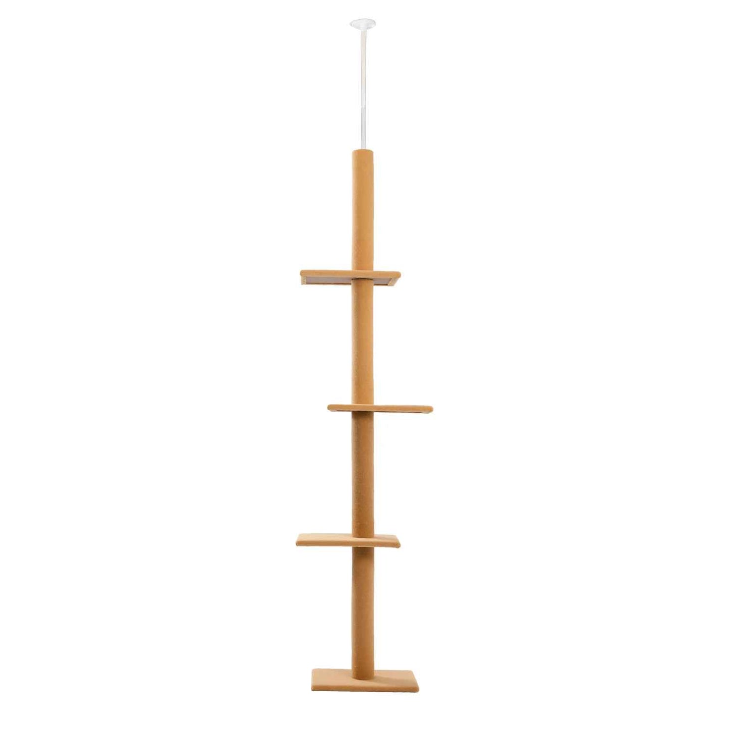 Arbre à chat design minimaliste en bois avec plateformes verticales et fixation plafond

