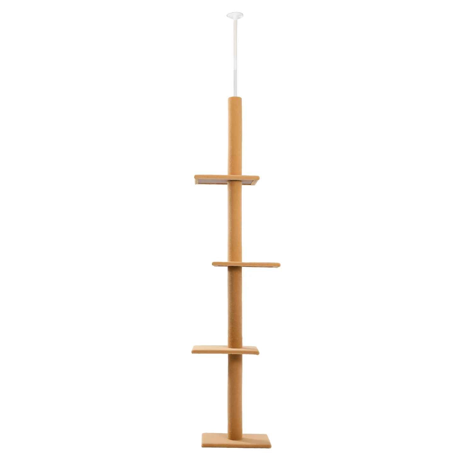 Arbre à chat design minimaliste en bois avec plateformes verticales et fixation plafond
