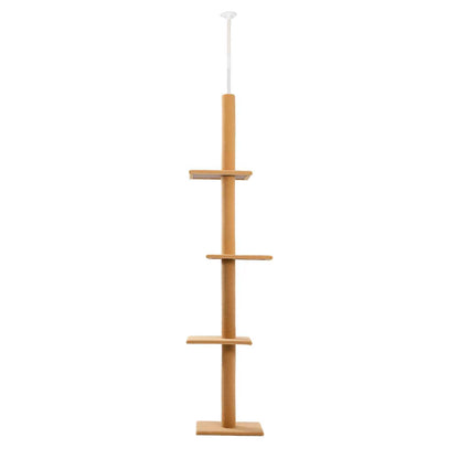 Arbre à chat design minimaliste en bois avec plateformes verticales et fixation plafond
